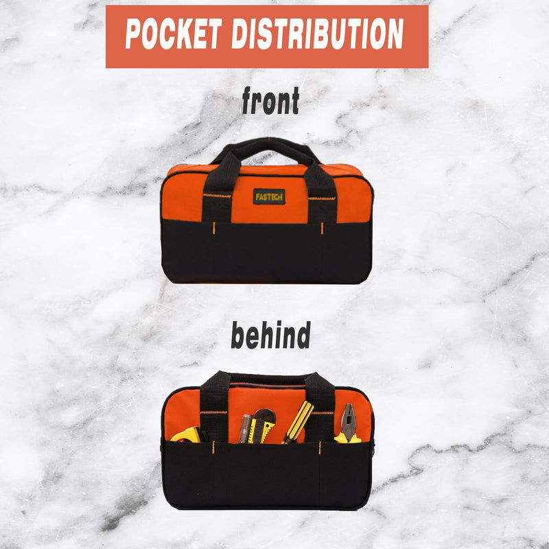 14 Inch Tool Bag, Small Wide Mouth Tool Tote Bag, Waterproof Tool Organizer Bag, Electricians Repairman Tools Tote Bag Double Fabric Storage Bag (Orange) Orange