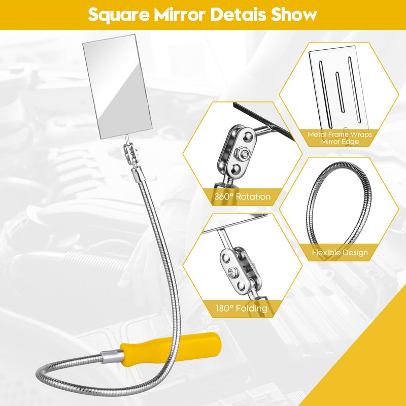Telescoping Inspection Mirror, Flexible Retractable Automotive Extension Round Mirror 360 Rotation&Bendable Square Mirror, Extendable Mirror on a Stick for Checking Vehicle Condition-Gift for Men Yellow/Black