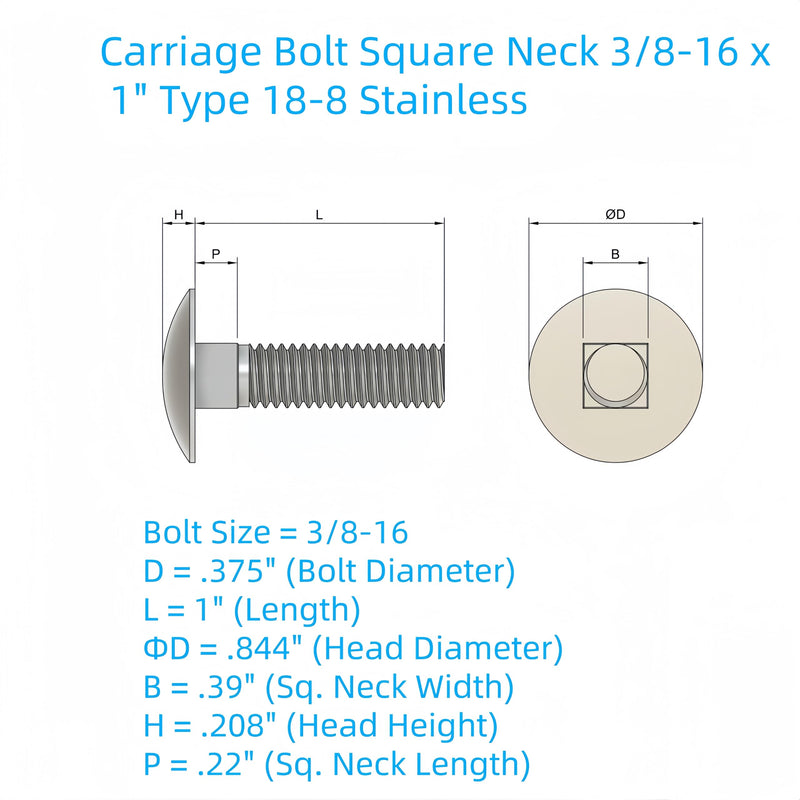 3/8"-16 X 1(25pc) Stainless Carriage Bolt, 18-8 Stainless Steel Full Thread Coverage,Carriage Bolt,by SANTIE 3/8"-16 X 1"(25pc)
