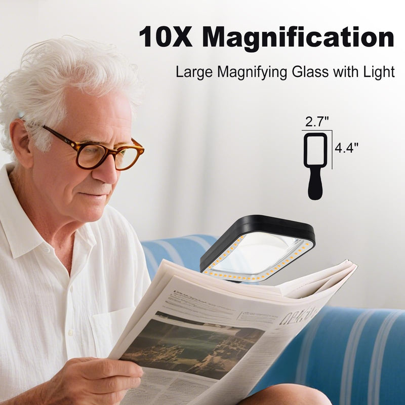 10X Magnifying Glass with Light, Rechargeable Magnifier with 3 Color Modes, Lighted Magnifying Glass Handheld for Seniors Reading Low Vision, Inspection, Close Work 10X Magnifier with LIght