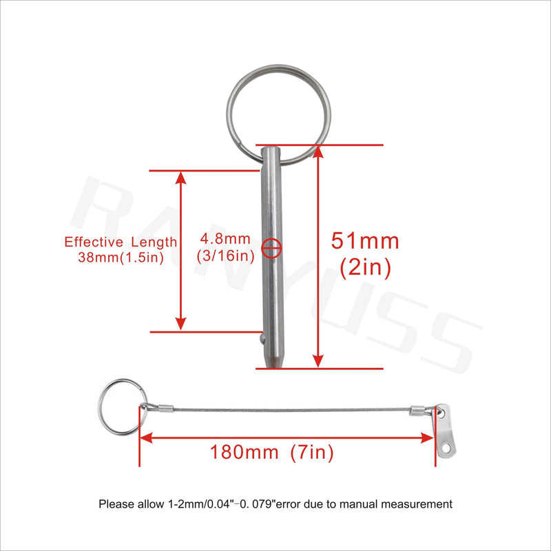 4Pack of Bimini Top Ball Pin with Lanyard Dia 3/16in(4.8MM) , Usable Length 1.5in(38mm), Total Length 2in(51mm) Full Stainless Steel 316, Quick Release Pin Marine Hardware