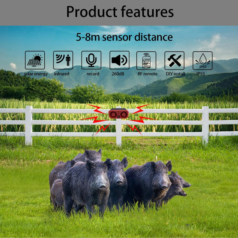 Solar Outdoor Motion Sensor Alarm with 13Sounds, WONFAST 130db Dual Speaker Gunshot Dog Barking Sound Recording and Adjustable Volume Warning Security Strobe Light for Farm Yard Orchard Barn (1PCS) 1PCS