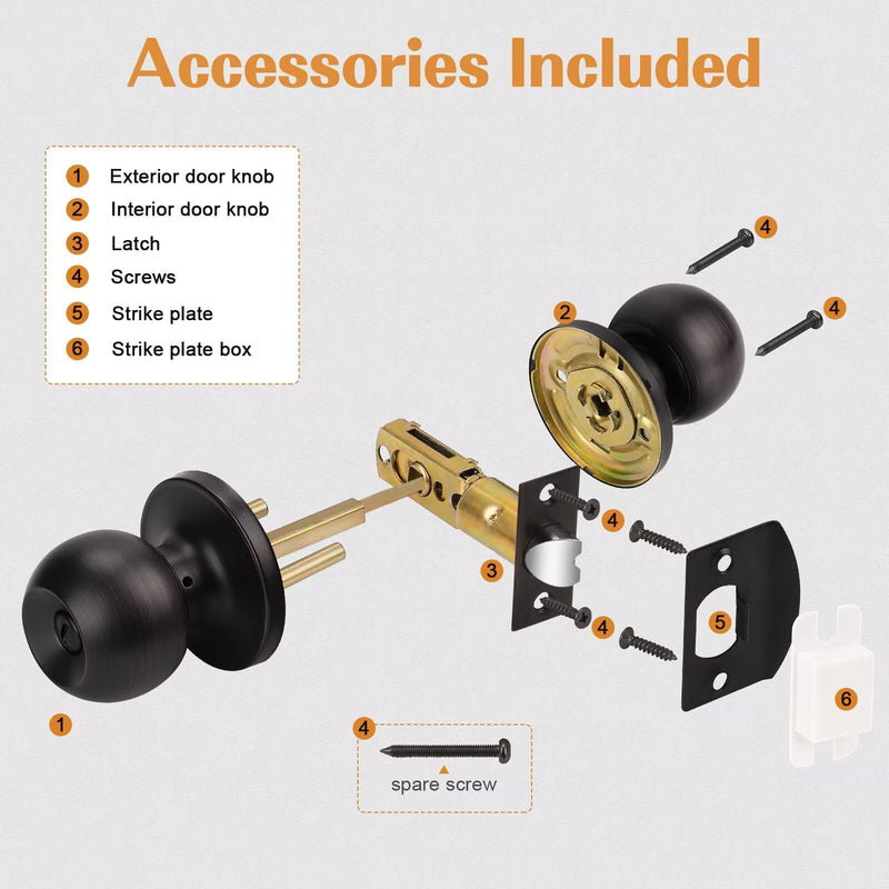 Probrico 3 Pack Round Ball Interior Door Knobs, Privacy Oil Rubbed Bronze Door Knobs, Door knobs Interior with Lock for Bathroom Bedroom
