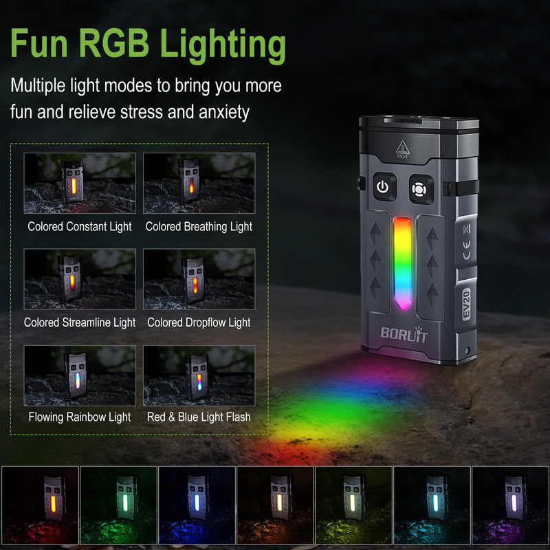 BORUIT EV20L LED Rechargeable Small EDC Flashlight with Green Beam,Pocket Keychain Flashlights with RGB Side Light,IP66 Waterproof,Clip & Tail Magnet for Outdoors Emergency Camping,Aluminum Black Green Beam Version