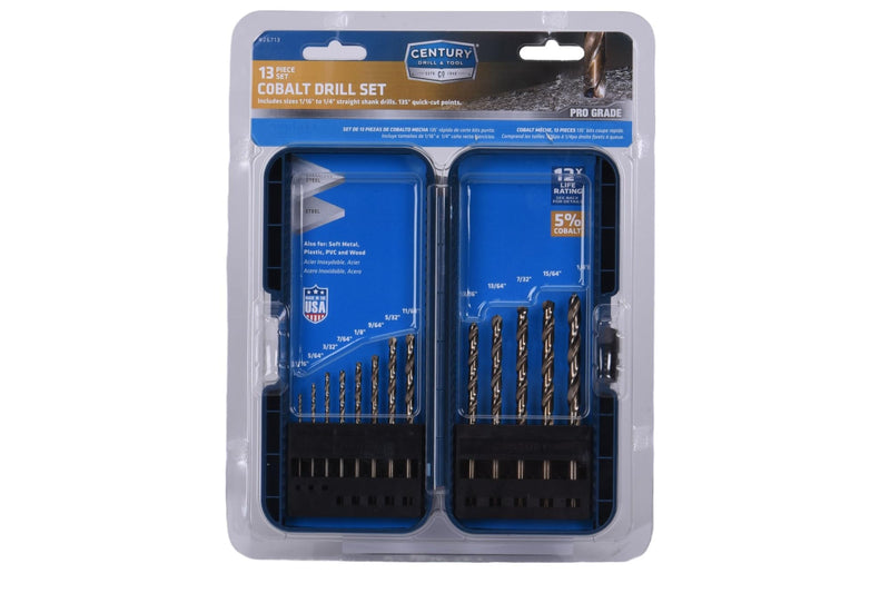 Century Drill & Tool, 26713, 13 PC Set,Jobber Drill Bit,ProGrade, Cobalt Steel, High Speed Drill Bit Pack