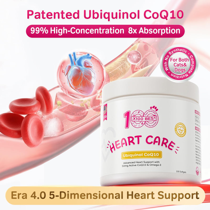 Dogs & Cats Heart Supplement with Taurine & Ubiquinol CoQ10 (Reduced Form) – Cardiac Support, Omega-3 Fish Oil, Antioxidants, Senior Myocardial Energy & Circulation Support – 100 Softgels