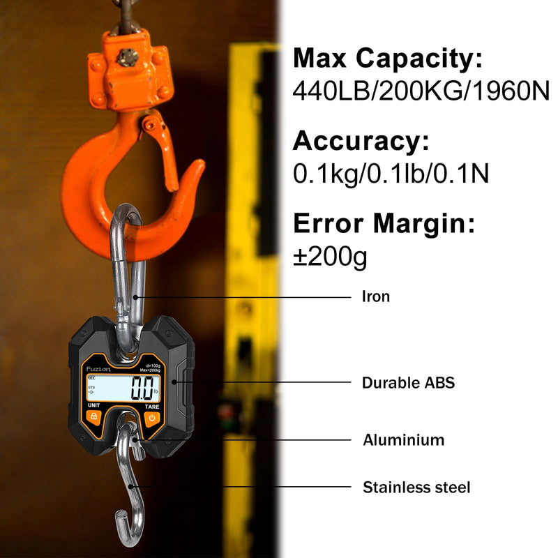 Fuzion Mini Crane Scale - Hanging Scale 440lb/200kg/1960N, Deer Scale with Large LCD Display, Hold & Tare Functions for Hunting, Farms, Fishing, No Setup Required Black+Orange