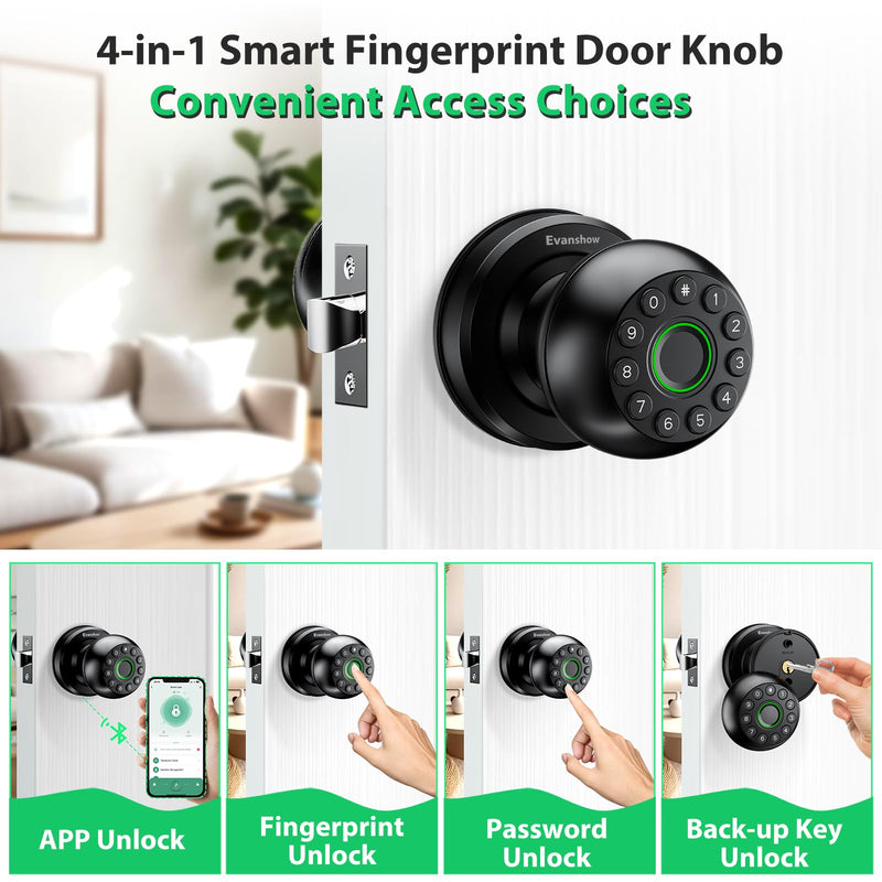 Smart Door Knob Fingerprint Lock 4-in-1 Keyless Entry (Fingerprint/App/Code/Key) Biometric Door with Auto-Lock Easy Install for Home/Bedroom/Office