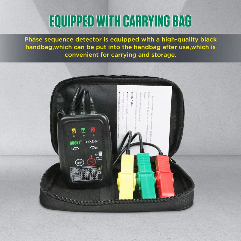 3 Phase Rotation Meter Non Contact Phase Sequence Tester 70V-600V AC Voltage Tester Short Detection, Live Wire Inspection Rotation Meter, with 23.62inch Cable Length,Carrying Bag XZ-02