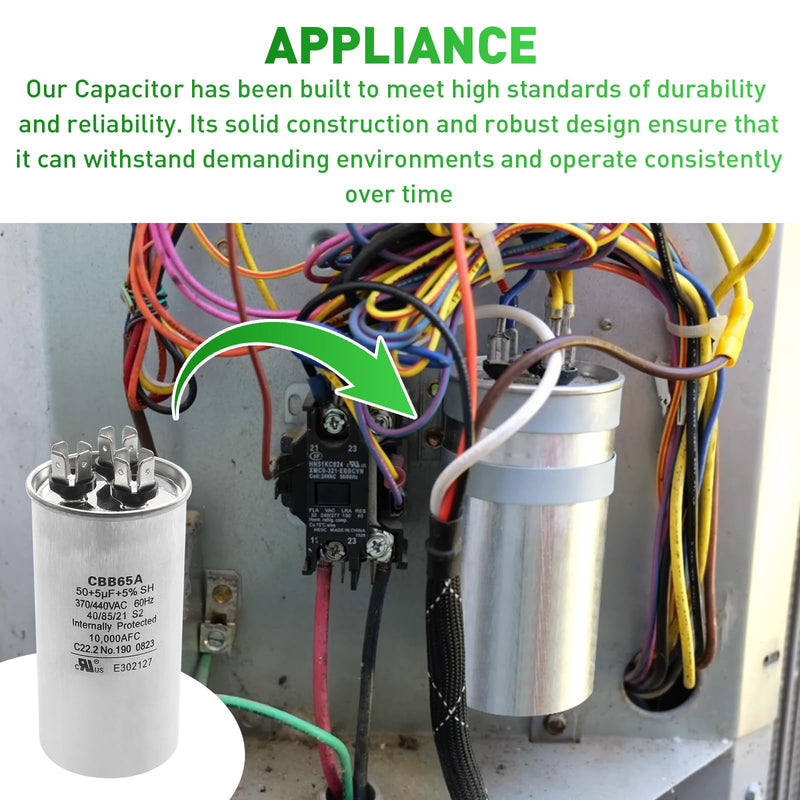 3313107.018 50+5uf+5%, 370/440VAC, 60Hz, 10,000AFC CBB65A Dual Run Circular Start 3100248.487 Capacitor for United States Standard AC Motors, Replace 27L601 and 3100248.487