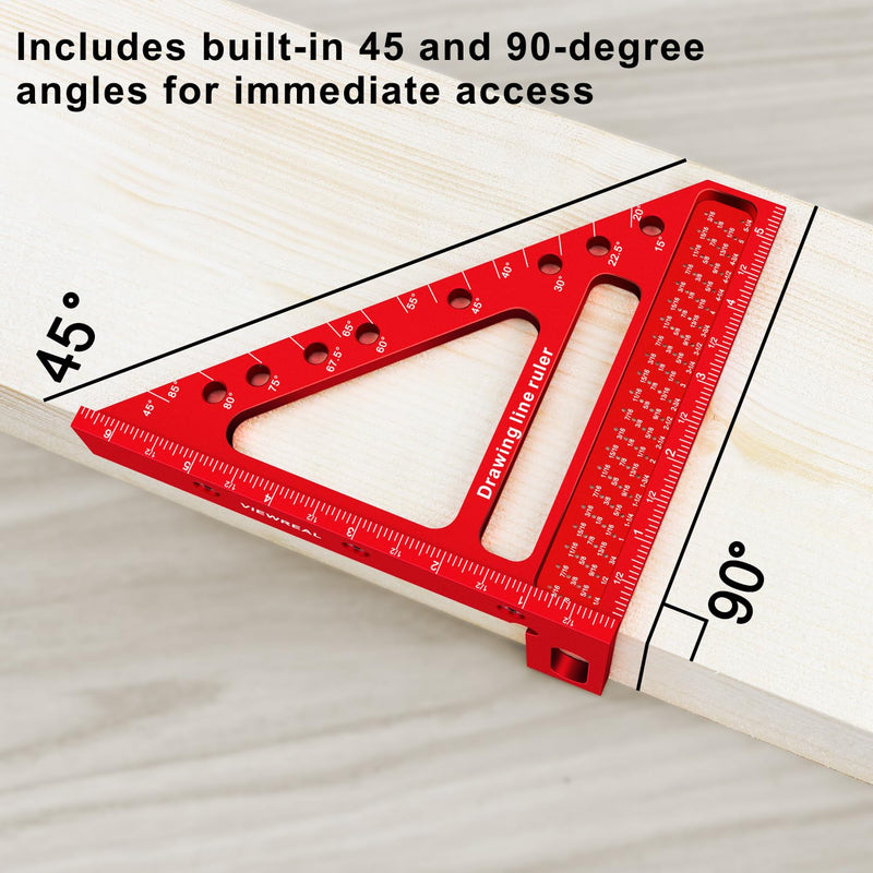 Large Carpenter Square 6.5''x5.79''Protractor Ruler with 3D Multi-Angle Measuring and Scribing Features with Anti-Lost Pin for Accurate Woodworking & Construction Red