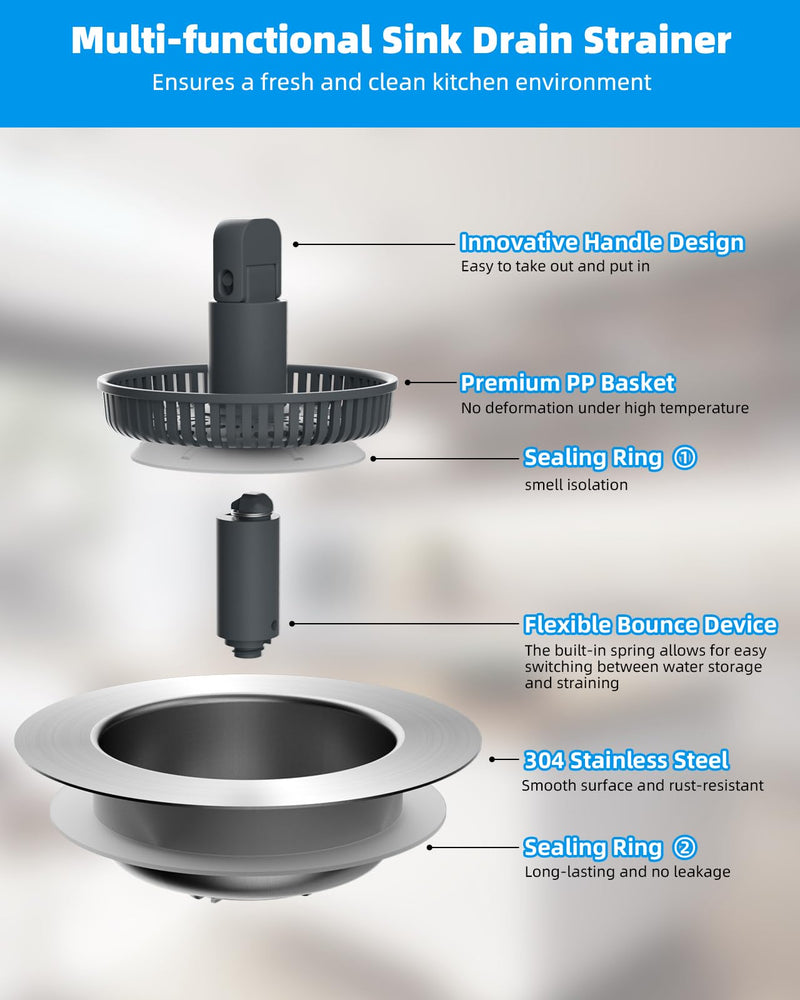 Hibbent Upgraded 3 in 1 Kitchen Sink Drain Strainer and Stopper Combo, Stainless Steel Metal Pop Up Sink Stopper, Anti-Clogging Basket with Foldable Handle for US Standard 3-1/2 Inch Drain Stainless Steel with 1 Strainer