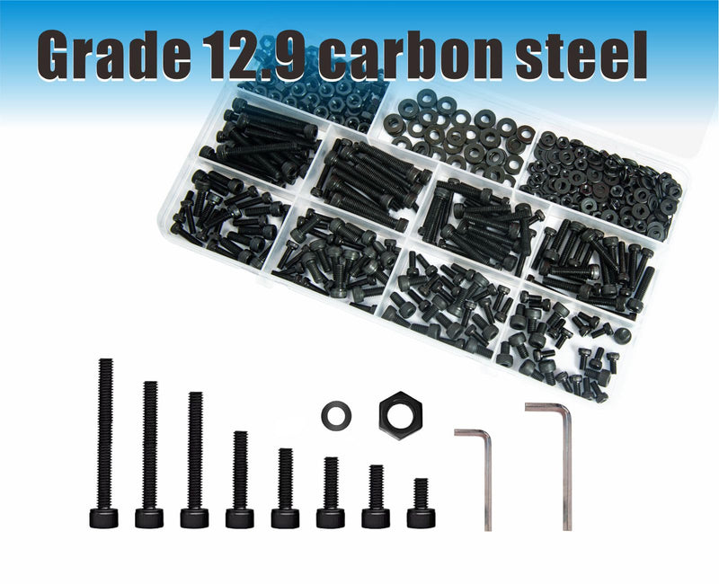 527 Pcs M4 M3 Metric Screws Assortment Kit, Machine Screw Assortment, Nuts and Bolts Assortment 12.9 Grade High Strength Carbon Steel Black 16 Sizes 6mm 8mm 10mm 12mm 16mm 20mm 25mm 30mm