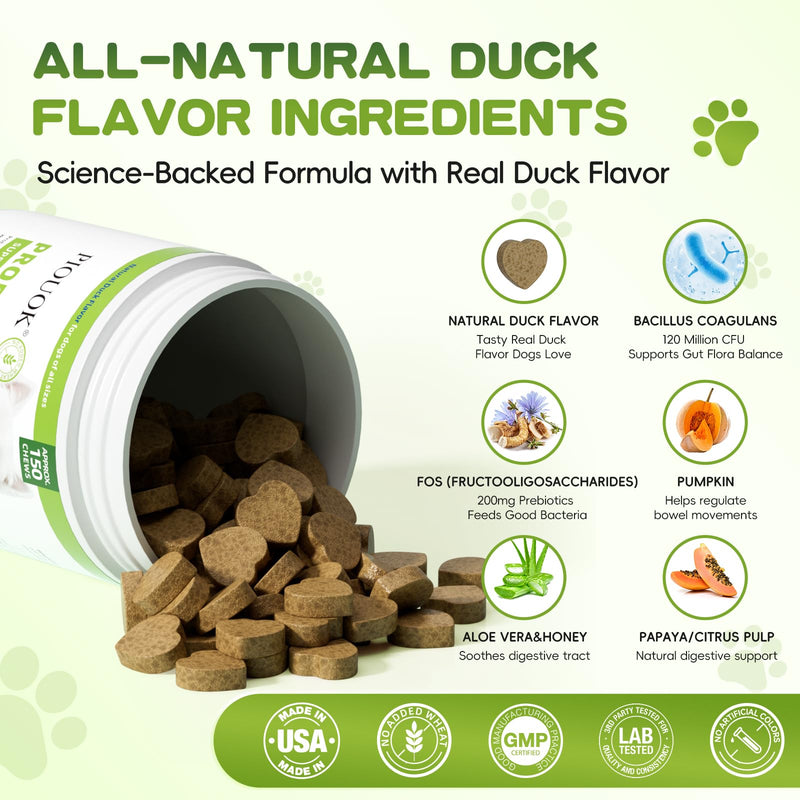 Probiotics for Dogs - 150 Soft Chew, Dog Probiotics for Digestive Health and Diarrhea, Allergies & Immune Support Dog Probiotic Supplement, Daily Probiotics for All Dogs, Natural Duck Flavor 150ct
