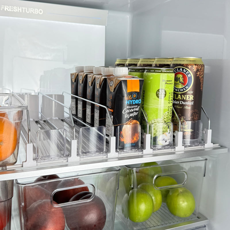 Drink Organizer for Fridge, Self Pushing Soda Can Dispenser for Refrigerator, Automatic Beverage Pusher Glide Beer Water Bottle Holder -5 Rows, White 15" D × 16.1"W × 3.4"H - 5 Rows