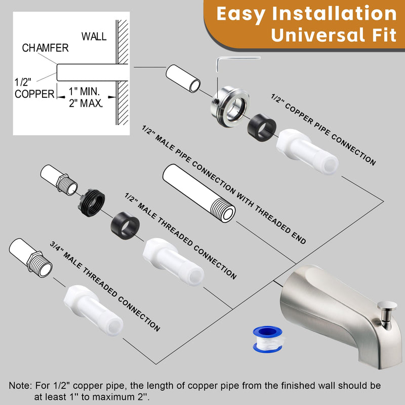 Dreyoo Tub Spout with Diverter, Tub Spout (Universal Fits 1/2 Copper Pipe, 1/2 IPS and 3/4 IPS), Bathroom Bathtub Faucet with Adapters and Hex Wrench (Brushed Nickel,Simple) Brushed Nickel Simple