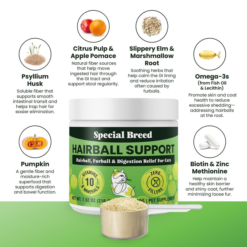 Special Breed Hairball Support for Cats - 10 Super Ingredients for Hairball Relief, Digestive Support & Healthy Skin - No Fillers - Psyllium, Pumpkin, Omega-3s & More - 720 Scoops 7.62oz