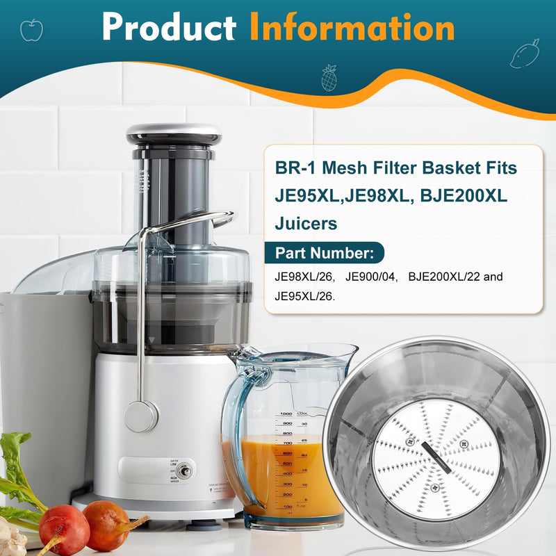 Upgrade SP0010662 BR-1 Mesh Filter Basket Assembly for Juicer & Blender, Premium Replacement Parts Compatible with Models JE95XL, JE98XL, BJE200XL, JE900 - Ready to Use Mesh Bowl, Blade and Base