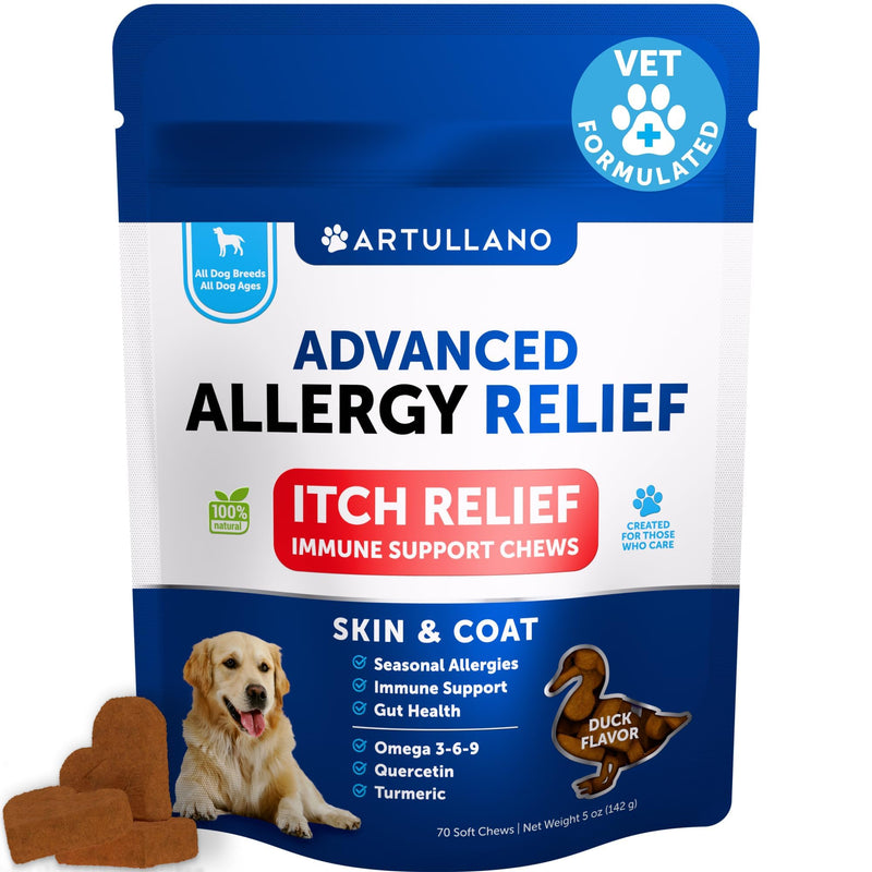 Dog Allergy Relief Chews - Itching Skin Relief for Dogs - Fish Oil - Omega 3 - Seasonal Allergies Pills - Skin & Coat, Anti Itch, Hot Spots Treatment - Canine Immune Health Supplement - 70 Soft Treats 70 Treats