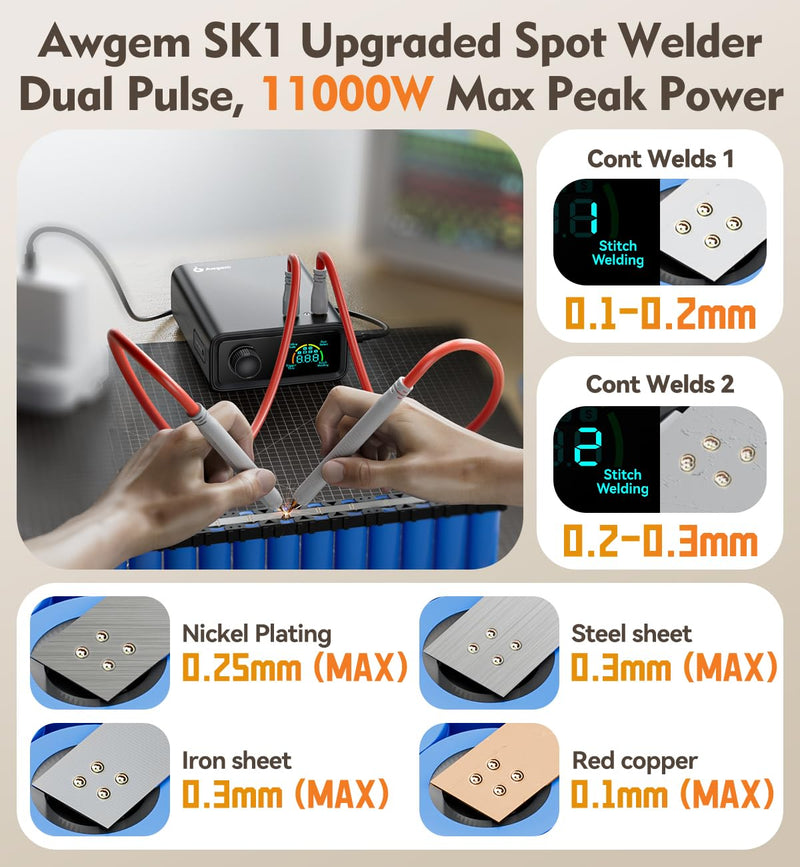 11000W Battery Spot Welder, Awgem 0.1-0.3mm Portable Spot Welder with Rotary Knob 100 Gears, Auto Modes, Dual-Pulse, for Lithium Battery Repair and Welding SK1P1