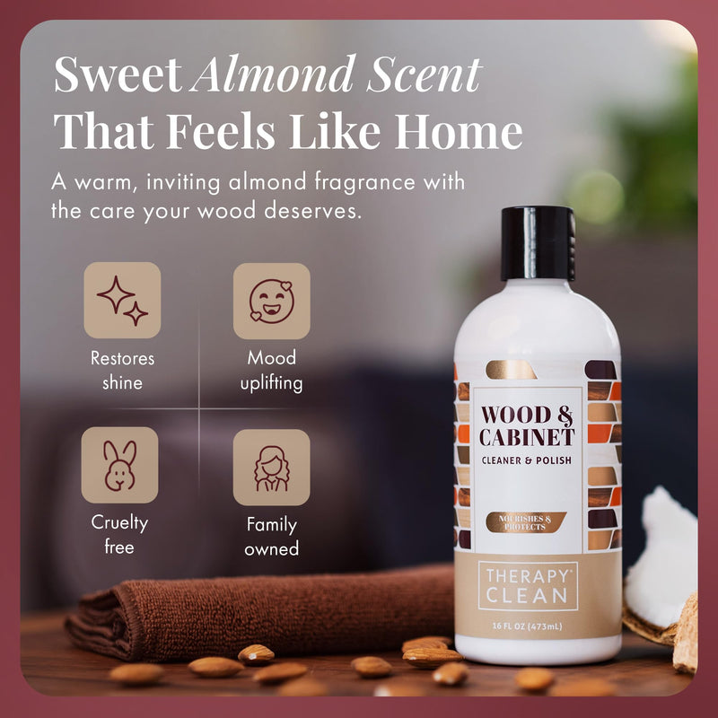 Therapy Wood Cleaner & Polish 16 oz. (2-Pack with Microfiber Cloth) - Wood Cabinet and Table Cleaner - Conditioner - Almond Scent Wood Polish (Pack of 2 with Microfiber)