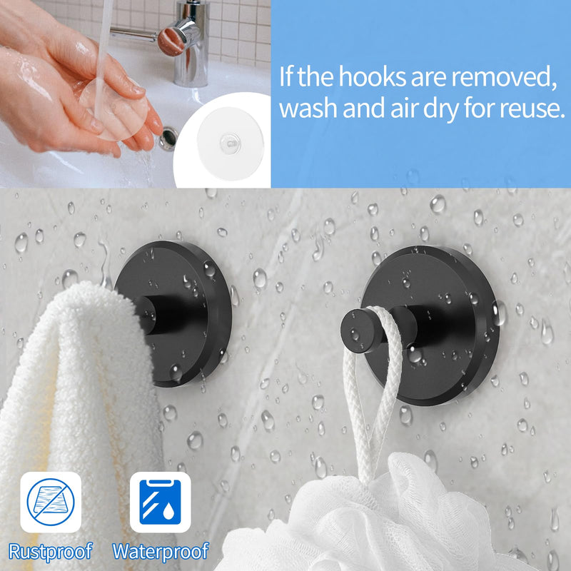 JUYSON Suction Cup Hooks for Shower, Towel Hooks for Bathrooms, Adhesive Shower Suction Hooks for Windows, Glass, Mirror, Tile, No Drill Shower Hooks for Hanging Loofah, Robe, Matte Black, 2 Pack