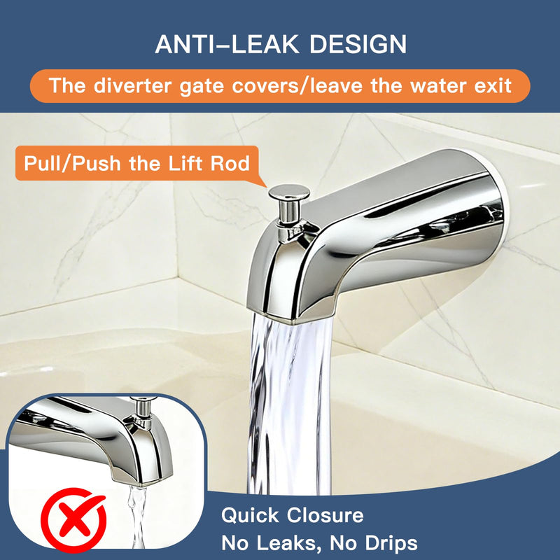 Metal Chromel Bathtub Spout with Diverter, All Metal,5.3 Inch Tub Spout, Fits 1/2" Copper Slip-On and 1/2" or 3/4" IPS Threaded Pipes, Leak-Free, Slip Fit Tub Spout with Pull-Up Diverter