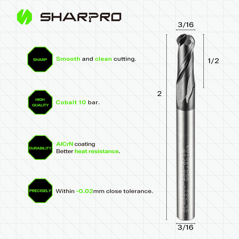 Carbide Ball Nose End Mills 2 Flute 3/16 Inch SHK. and Cutting Dia. 3D Carving, High-Speed and Deep Cutting, AlCrN Coated, Apply for Alloy Steel, Stainless Steel and Various Cast Iron. (3PCS) 3/16 in