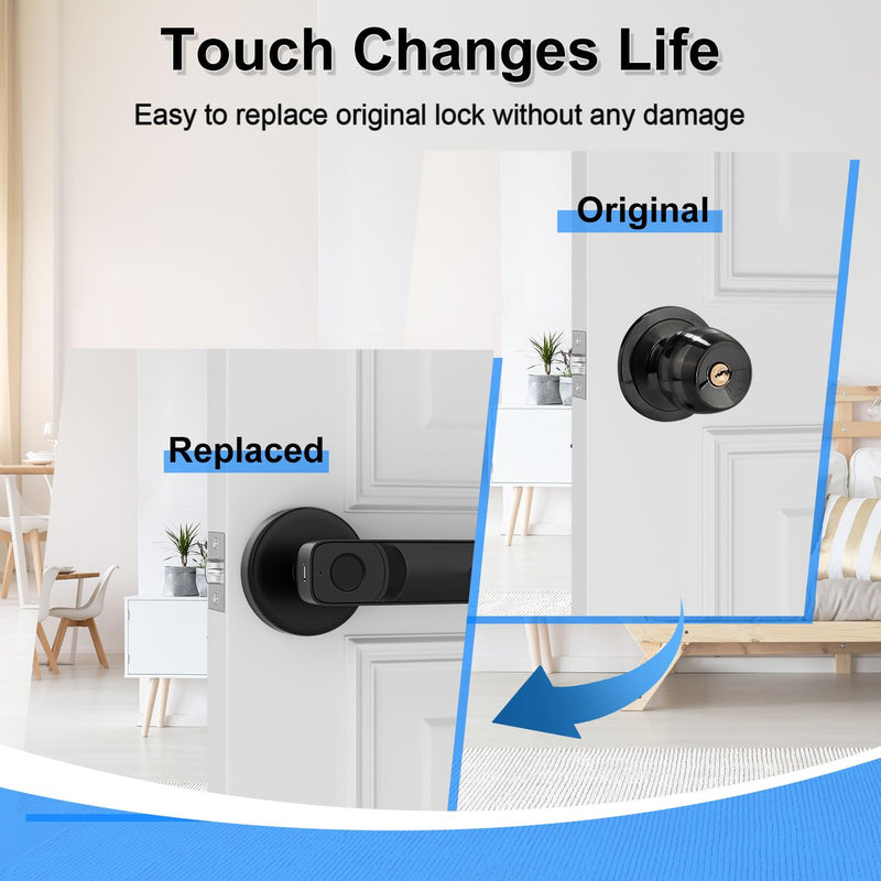 Fingerprint Door Lock with Smart APP,Fingerprint Door Knob,Biometric Door Knob Keyless Entry Door Lock with Tuya for Home/Bedroom/Office/Apartment/Airbnb Black TY140