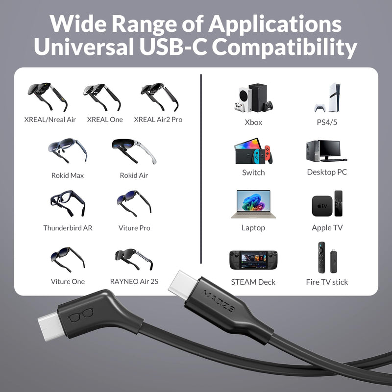 AR Glasses USB C Cable 4K60Hz USB C to USB C Cable 6FT, 10Gbps 60W Type C Fast Charging Cable for XREAL Air/One, VITURE Pro XR, Rokid Max, RayNeo and More Black
