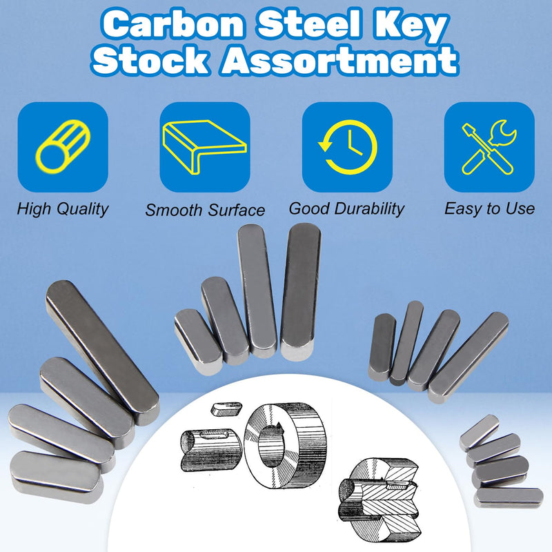 MroMax 150Pcs Round Ended Feather Key 16 Sizes Parallel Drive Shaft Keys Set Carbon Steel Key Stock Assortment Keyway for Golf Carts, Go Carts, Tablesaw Motor Pulley and Smaller Engines(8mm-30mm)