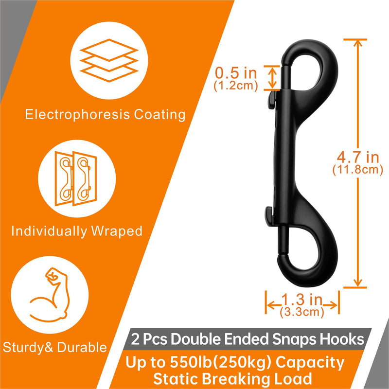 Garwor 4.7 inch Double Ended Bolt Snaps Hooks, 2 Pack 600lbs Weight Capacity, Heavy Duty Trigger Snap for Dog, Extra Large Zinc Alloy Trigger Chain Clips Black Electrophoresis Coating(Black)