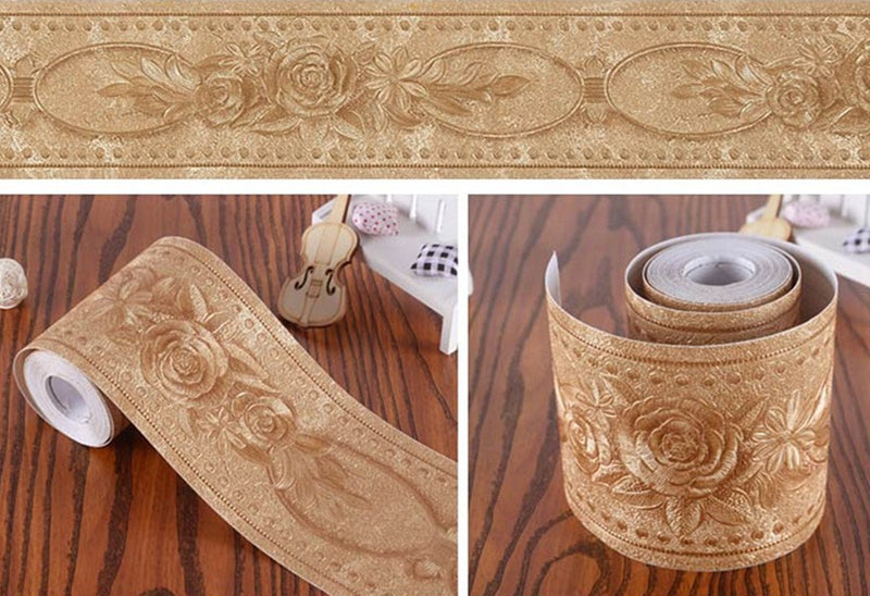 REDODECO 3D Flower Pattern Molding Peel Stick Wall Border for Home Decor Bathroom Kitchen,4 inch by 16.4 feet(Gold) Gold