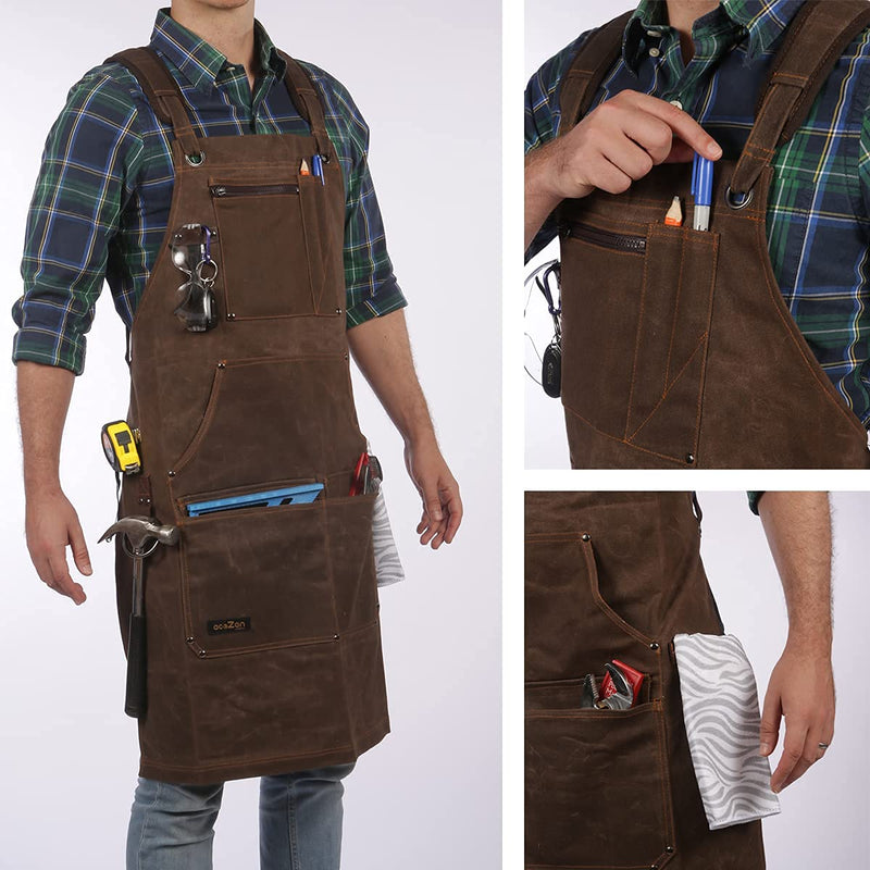 16oz Waxed Canvas Work Apron with Tape Holder - Fully Adjustable, Tough Protection for Men Brown