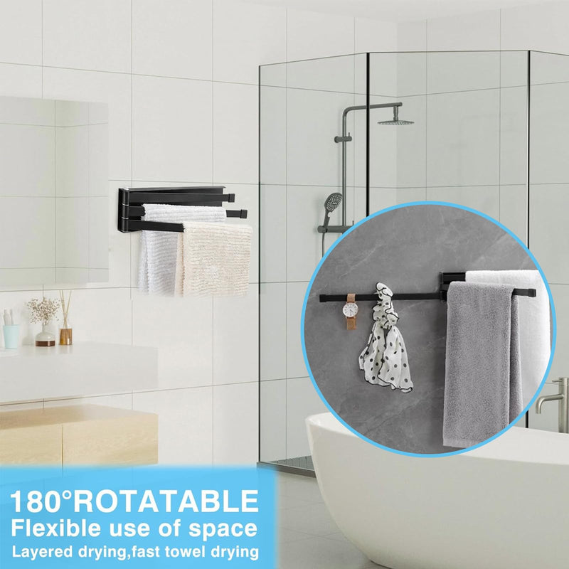 Swivel Towel Rack Wall Mounted, 9.5" Extra Long 3-Arm Swing Out Towel Holder, Matte Black Stainless Steel Space Saving Towel Bar for Bathroom, Kitchen, RV 9.5"