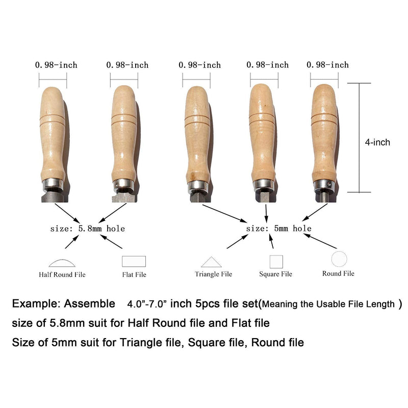 DS-Space Wooden File Handle with Strong Metal Collars for 4.0''-7.0'' File (5 Pack) (Medium) Medium