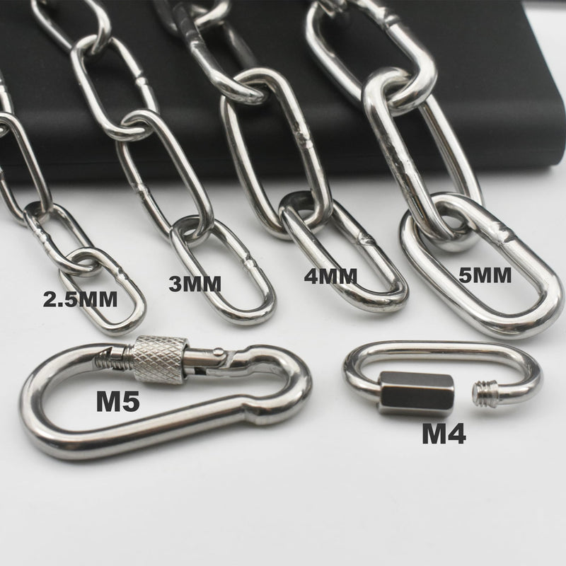 304 Stainless Steel Chain 5/32 in x 5 ft Closed Links Short Chain Weight with 2 Quick Carabiner Hooks Locking Pulling Towing for Outdoor Fence Pet Dog, 1 pcs (4mm x150cm)