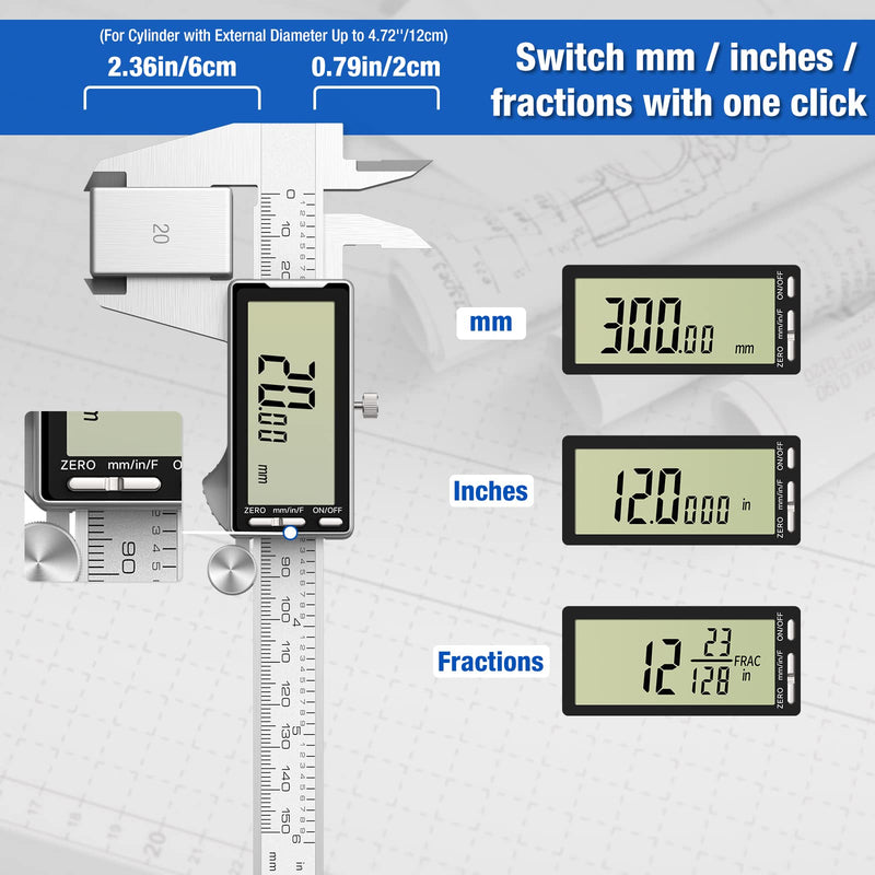 Digital Caliper 12 Inch with Large LCD Screen, Inch/MM/Fraction Conversion, 300mm Micrometer Caliper All Stainless Steel Diameter Measuring Tool for Jewelers/Woodworkers/DIY 12inch
