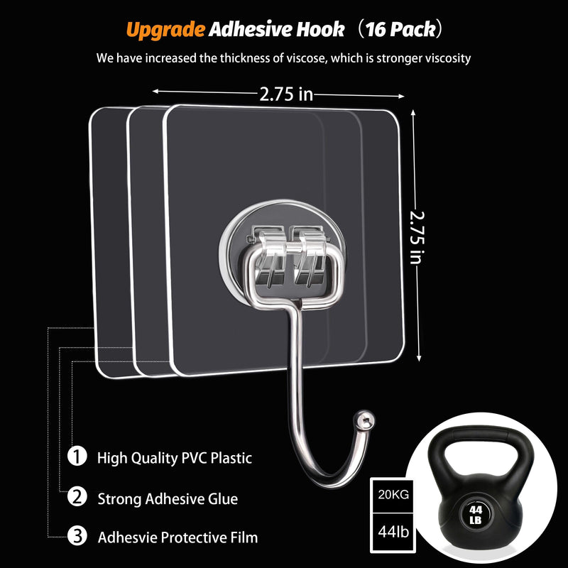 DKHDBD Large Adhesive Hooks, 16-Pack Hold 44lb(Max) Heavy Duty Sticky Hooks, Waterproof Transparent Hooks for Hanging, Self-Adhesive Traceless Clear Wall Hooks to Use for Keys Robe & Towel