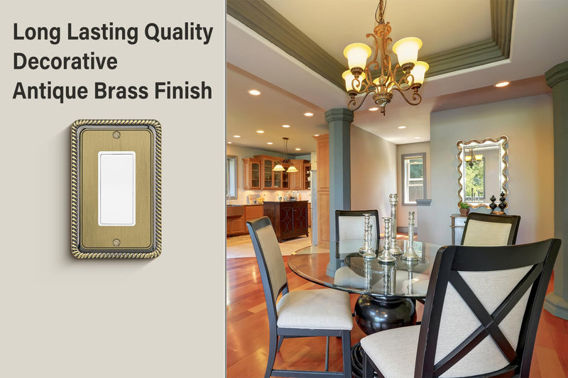 Henne Bery Rope Edge Decorative Wall Plate Switch Plate Outlet Cover (Single Decorator, 2 Pack, Antique Brass) Single Decorator 2PK