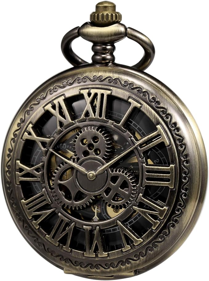 TREEWETO Skeleton Manual Winding Mechanical Double Case Roman Numerals Antique with Fob Chain Box Bronze - NewNest Australia