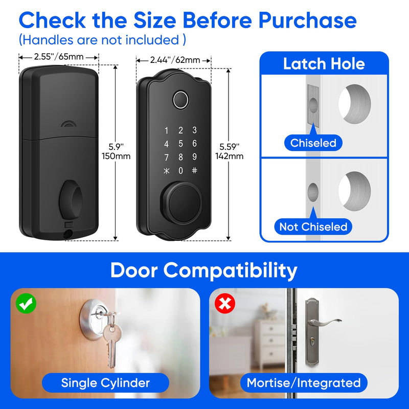 Fingerprint Smart Door Lock, Keyless Entry Deadbolt, Electronic Biometric Deadbolt with Phone/Watch App Control, Auto Lock with Touchscreen Keypad for Bedroom, Front Door, 7 Ways to Unlock without handle