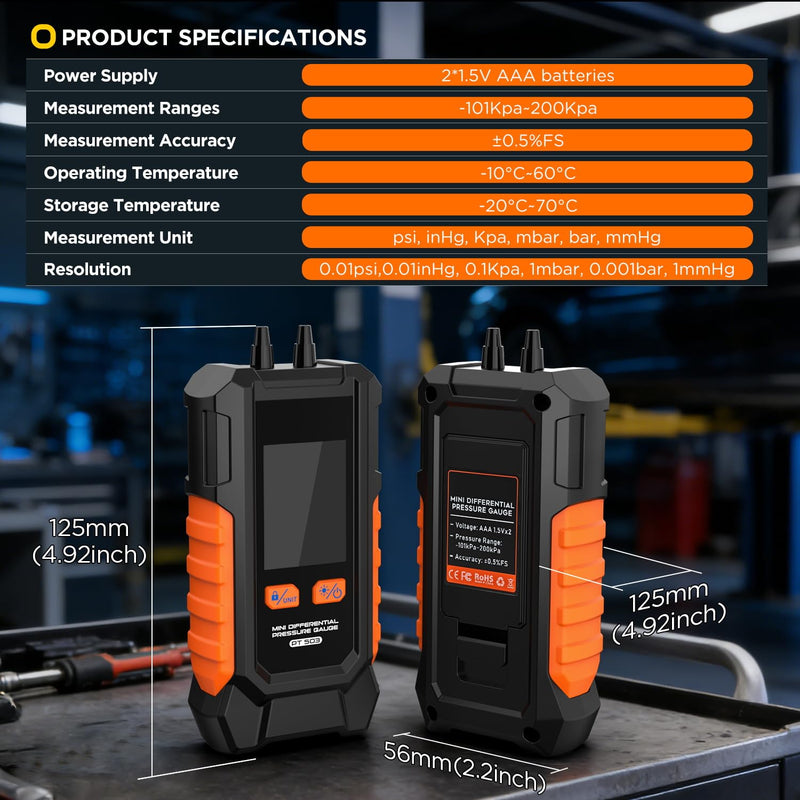 Manometer Gas Pressure Tester, Dual-Port HVAC Digital Differential Pressure Gauge with 6 Switchable Units, Large Backlit LCD, Data Hold Function, 7 Adapters, -101 to 200 kPa Range