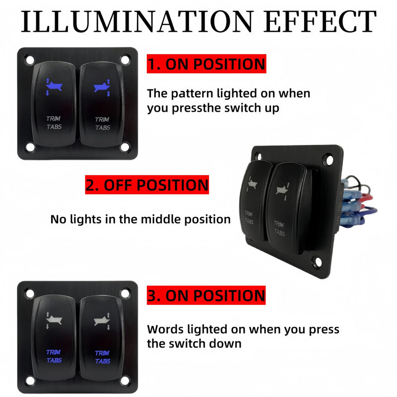 Trim Tabs Rocker Switch Panel 12V/20A 24V/10A 7 Pin DPDT 3 Position (ON)-Off-(ON) Boat Waterproof Trim Switch, 2 Gang Momentary/Latching Toggle Switch Panel for Marine Console (Momentary, Blue)