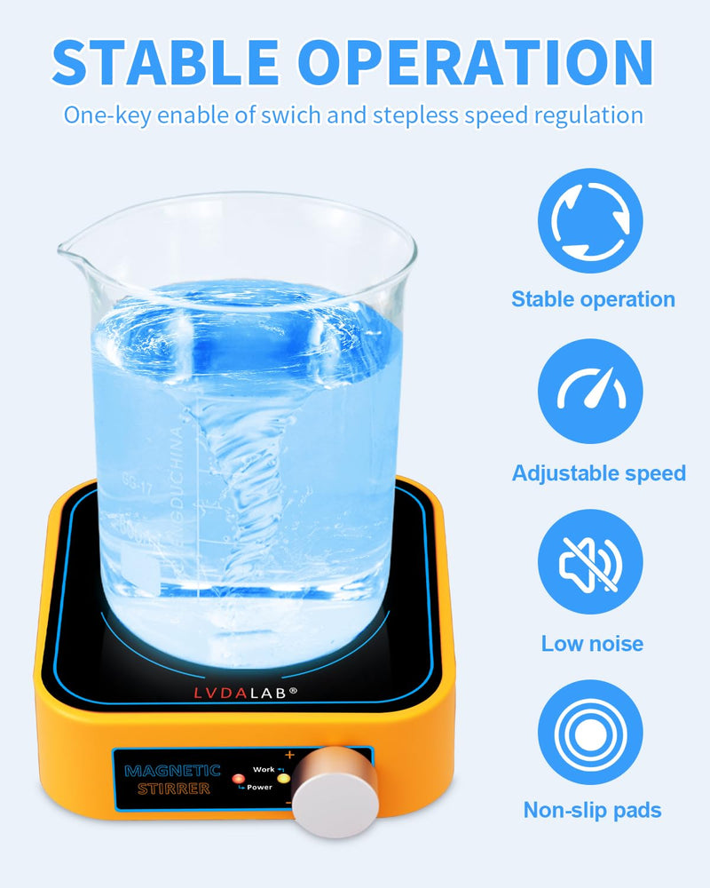 Rechargeable Magnetic Stirrer Cordless Stir Plate, Portable Lab Mixer for Low Viscosity Liquid w/Built-in Battery, 3000ml 3000RPM, No Heating, 3 Stir Bars & 1 Retriever Included - Yellow Portable (Rechargeable)