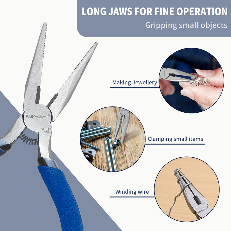 Mini Needle Nose Pliers 5"-5 Pack KAIHAOWIN Small Long Nose Pliers with Wire Cutters, Spring Loaded Thin Needle Nose Pliers, Precision Pliers Set for Crafts/Jewelry Making/Tiny Project