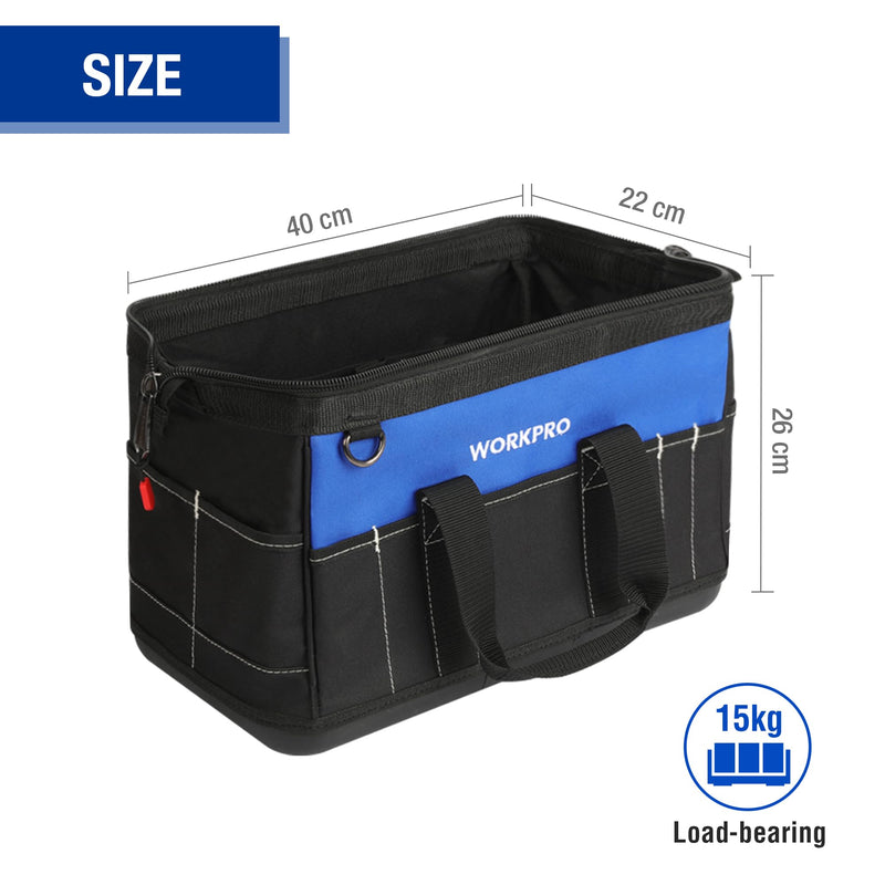 WORKPRO 16-inch Wide Mouth Tool Bag with Water Proof Molded Base Black&Blue