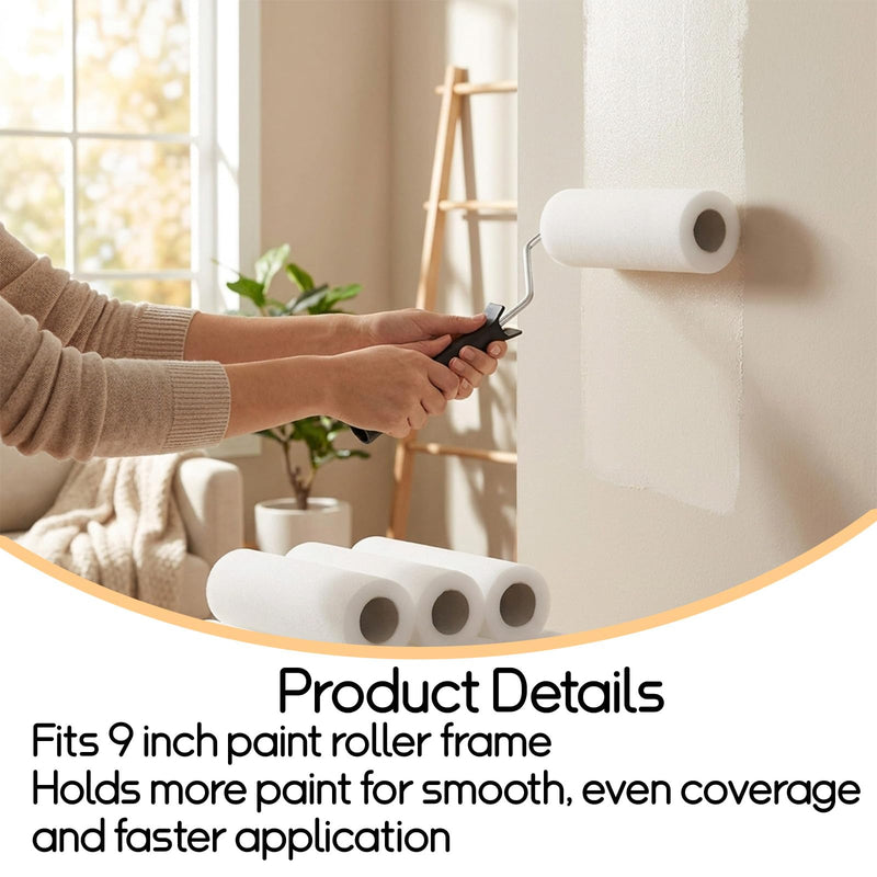12 Pcs 9 Inch Foam Paint Roller, High Density Foam Paint Roller Covers, White, for Interior Surface Coating, Home Renovation Projects, Smooth Finish Application, Flat Area Refinishing