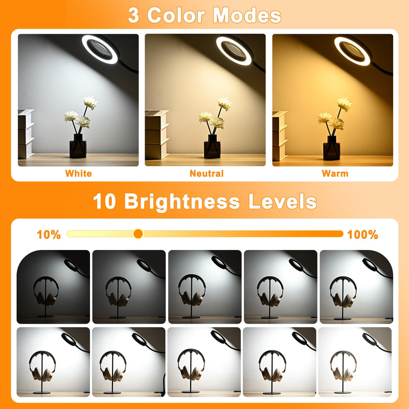 20X/10X Dual-lens Magnifying Glass with Light and Timer, Combination Lens Magnifier with Light, 3 Color Modes, 2 in 1 Magnifying Desk Lamp for Craft Hobby Painting Sewing Close Work(No Adapter) Black 120mm-NoAdapter