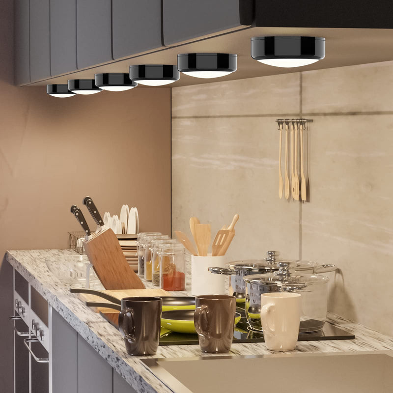 HELPLEX Puck Lights with Remote, Colors Changeable LED Puck Light Battery Powered Dimmable Under Cabinet Lights Wireless Under Counter Light RGBW Push Light, Timing & Memory Function, Black, 6 Pack BLACK - 6 PACK NO Battery